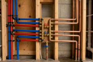 Exposed whole-house repipe comparing red and blue PEX tubing with copper supply piping