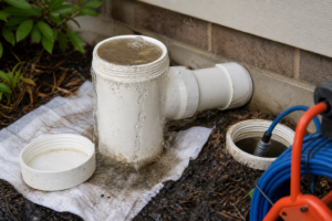 Overflowing exterior sewer cleanout beside a home with a sewer inspection camera cable inserted into a nearby access